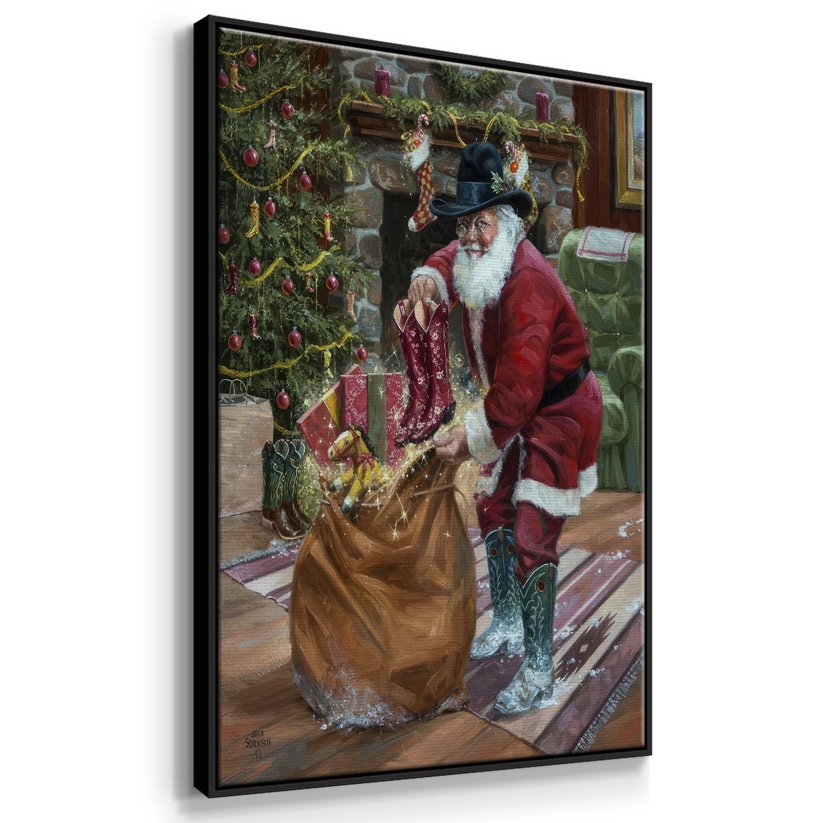 New Boots for Christmas - Framed Gallery Wrapped Holiday Canvas - 27 x 41 - Black Frame