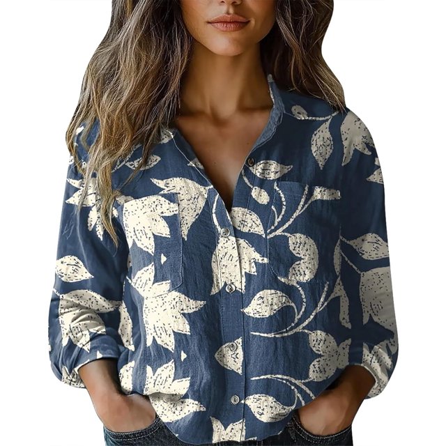 Womens Button V Neck Long Sleeve Shirts Oversized Blouses Tops Cotton Classic Collared Casual Lightweight Blouses
