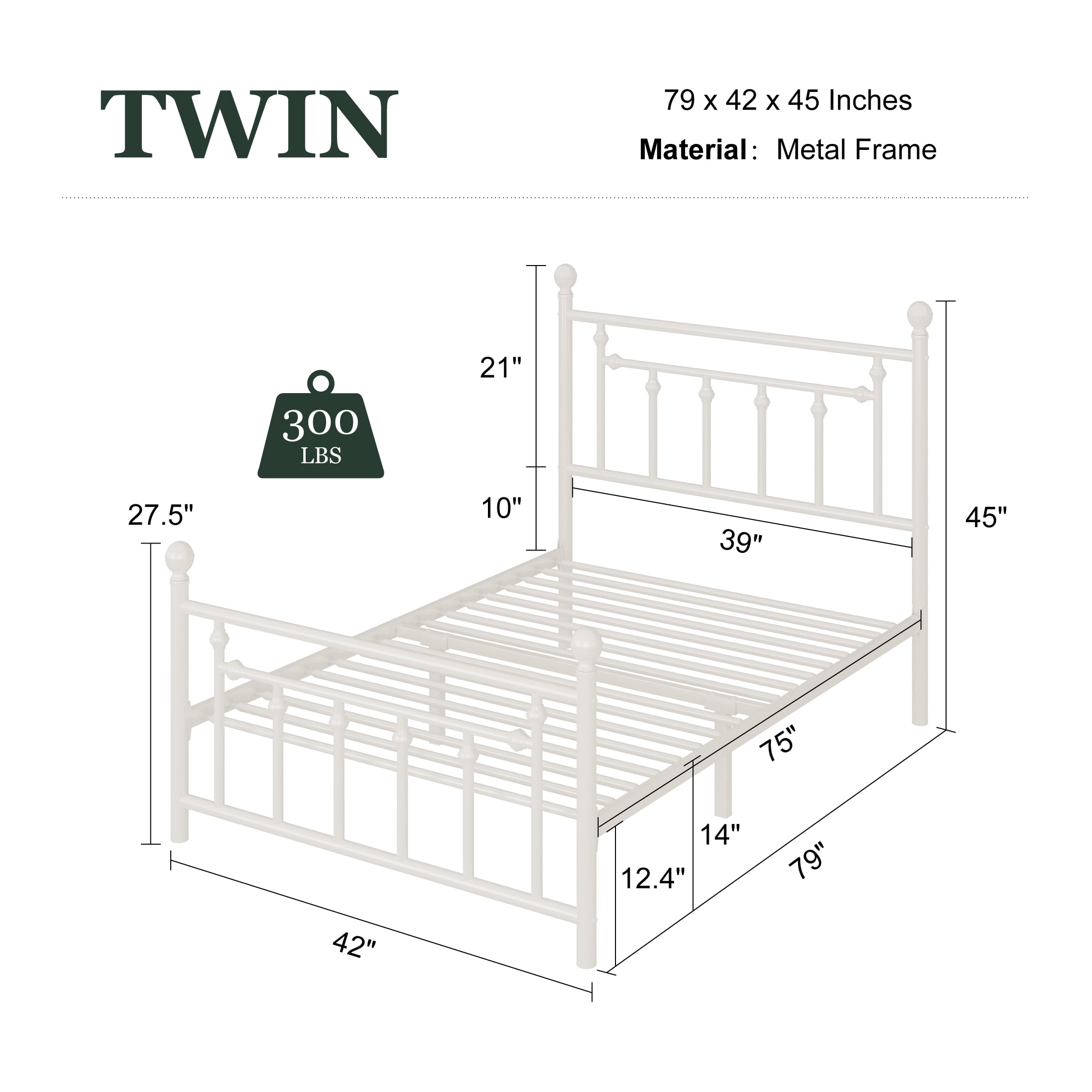 Amolife Twin Bed Frame, Metal Platform Bed with Vintage Headboard & No Box Spring Needed, White