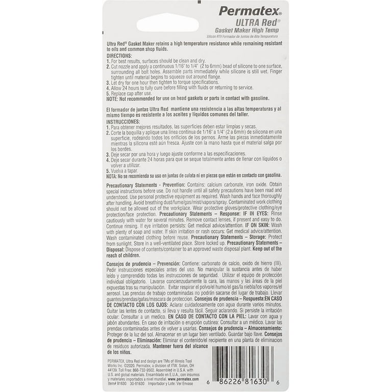 Permatex 81630 Ultra Red High Temp Gasket Maker, 3 oz - Walmart.com