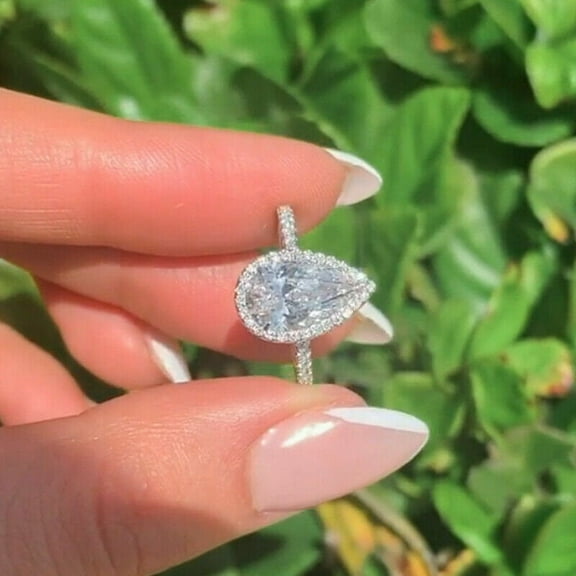 2.00 Cts Pear Shape Moissanite Solitaire Halo Engagement Ring, 18K White Gold Plated Ring /925 Sterling Silver Ring For Her