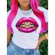 thumbnail image 1 of Pink Lips & Dollars Graphic Print T-shirt, Casual Short Sleeve Crew Neck Top For Spring & Summer, WoCamisetas para mujer, lindas camisetas con estampado gráfico, de manga corta, estilo casual, para ve, 1 of 7