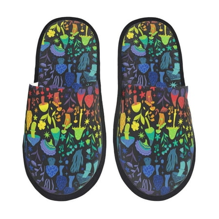Balery Magical Mushrooms and Flowers Slient Indoor Furry Fleece Comfort House Shoes Soft Non-Slip Home Shoes Cotton slippers House Slippers-- Large