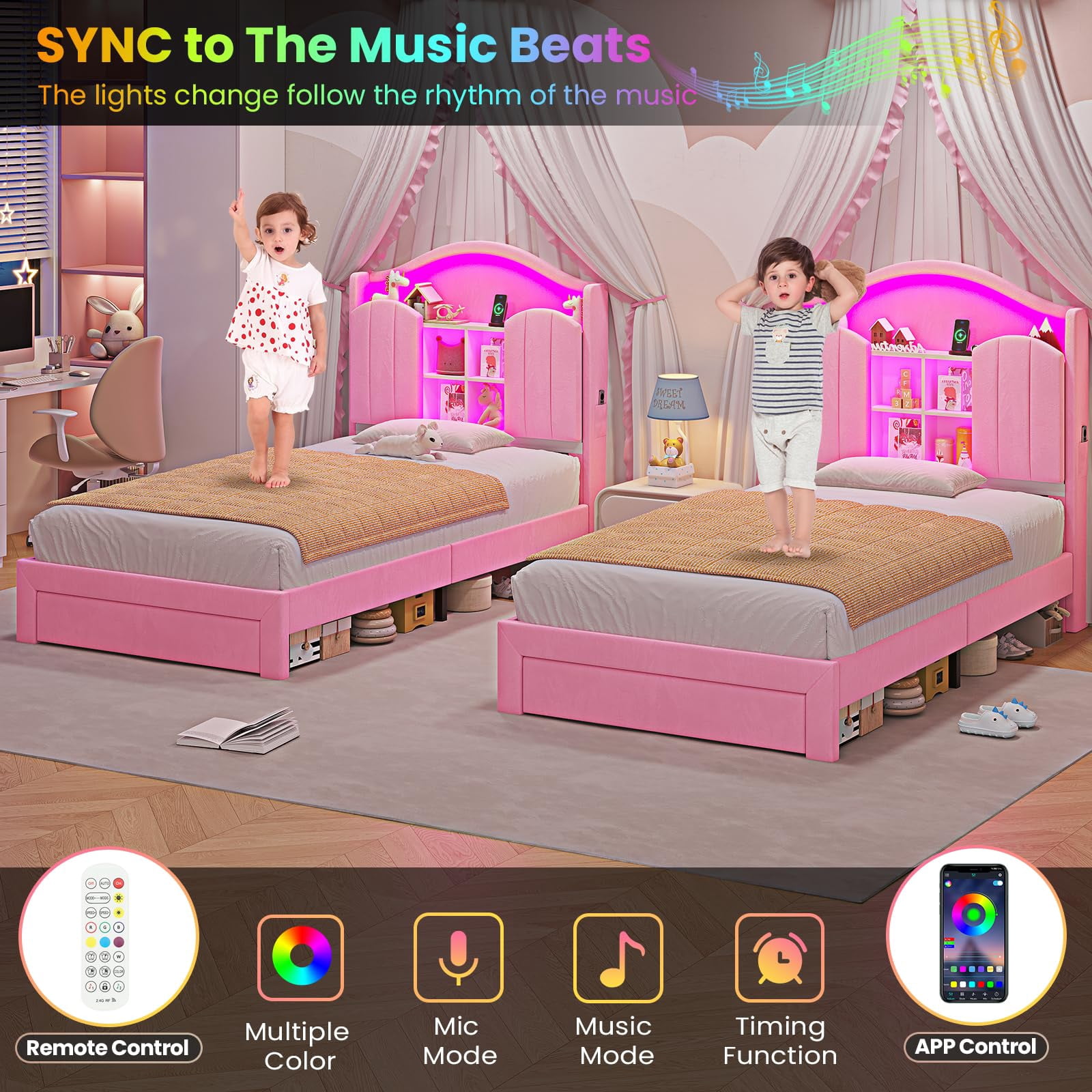 Twin Size Bed Frame with Headboard and Storage Drawer for Girls, Princess Velvet Upholstered Platform Bed Twin with LED Lights & Charging Station,Hidden Storage, No Box Spring Needed,Pink