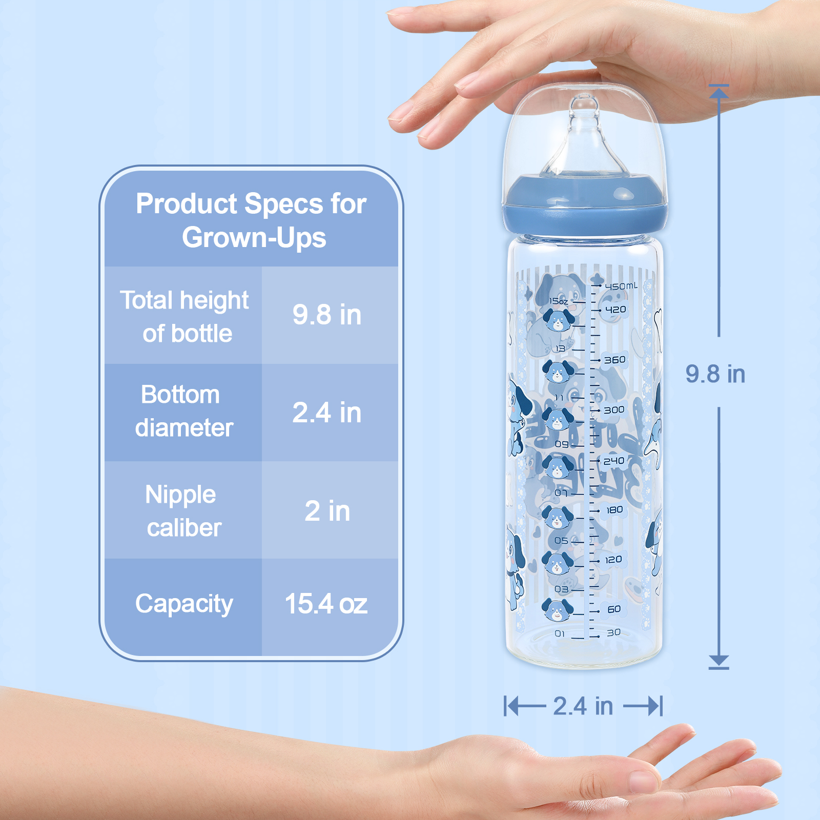 LittleForBig Adult Bottle Ultra Printed Specialty Oversized Glass Feeding Little Blue Pattern