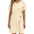 thumbnail image 5 of Vivianyo HD Women's Round Neck Mini Dress, Womens Casual Dress with Diagonal Side Button Short Sleeve Summer Dresses, Women's Beige, Sizes S-2XL, 5 of 6