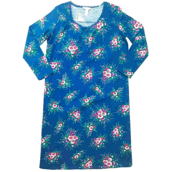 Womens Navy Pink & Purple Floral Flower Print Nightgown Flannel Sleep Shirt