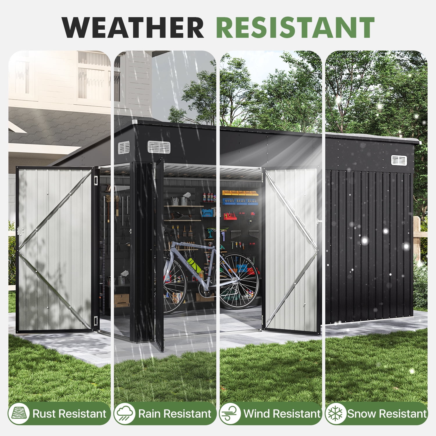 BaPiPro 12'x8' Lean-to Metal Storage Shed, Outdoor Lockable Shed with Triple Doors & Vents for Garden, Backyard, Patio - Black