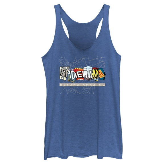 Women's Spider-Man: Beyond Amazing Comic Clippings Logo  Racerback Tank Top Royal Blue Heather Small