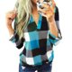 thumbnail image 1 of Camisa de manga larga enrollable para mujer, blusas informales con cuello en V y estampado de rejilla para uso diario, 1 of 4