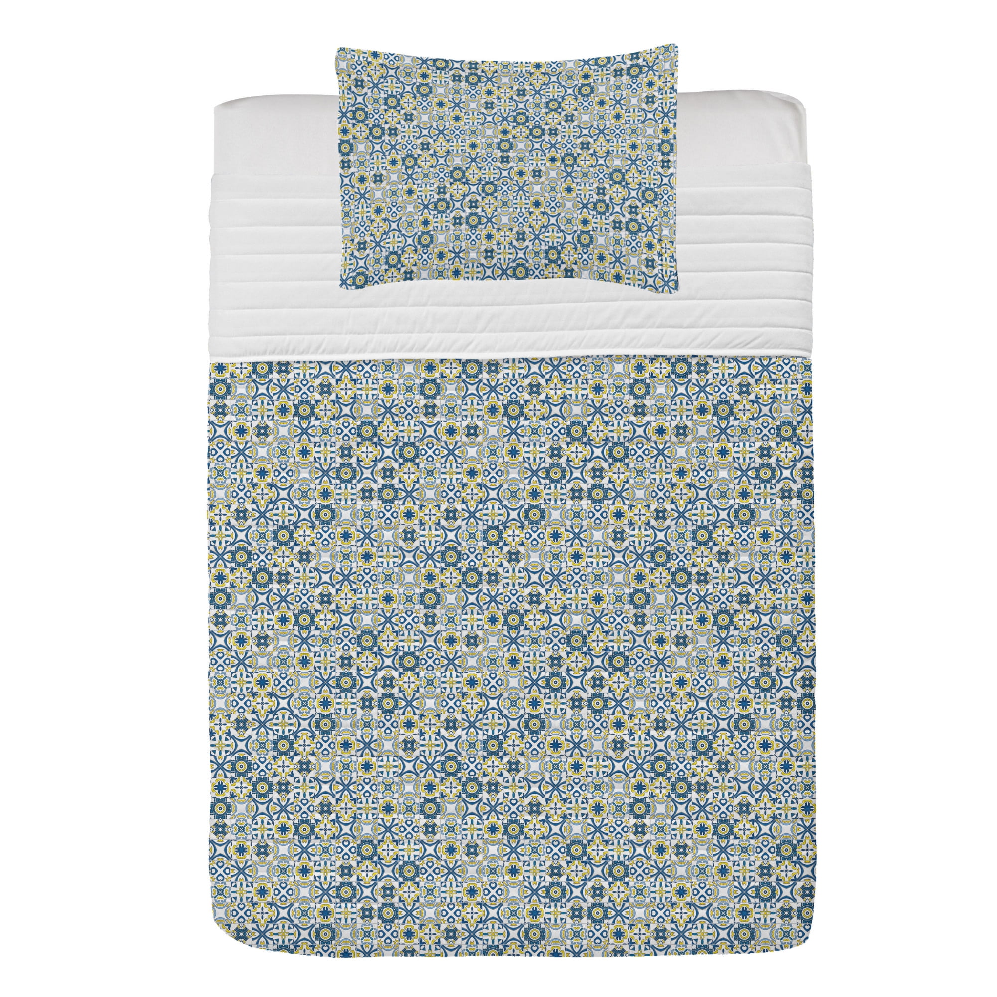 Ethnic Microfiber Bedspread Set, Traditional Moroccan Mosaic Portuguese