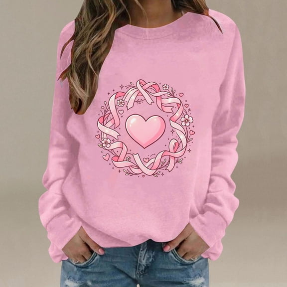 Frostluinai Inspirational Sweatshirts for Women Heart Pink Ribbon Graphic Pullover Crewneck Long Sleeve Breast Cancer Awareness Sweatshirt S-2XL