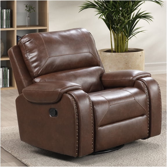 JERFIT Transitional Recliner Chair with Pillow Top Arms, Oversized Handle, and Nailhead Trim, Brown Faux Leather Accent Chair for Living Room