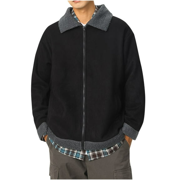 Sueded Jackets for Men with Pockets and Collar Long Sleeve Zip Up Coats Mens Trendy Solid Color Slim Thermal Warm Motorcycle Outerwear Jacket