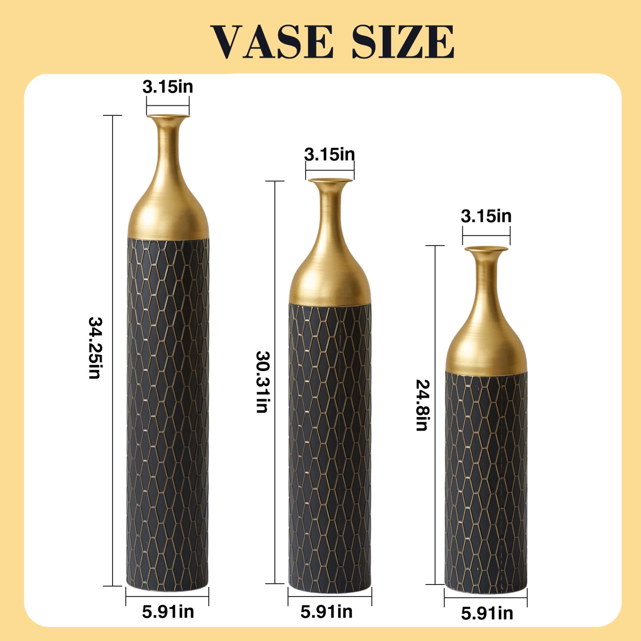 Noble House 34.25", 30.31", 24.8" Honeycomb Pattern Vase Set, 3-Piece Decorative Floor Vases, Black+Gold