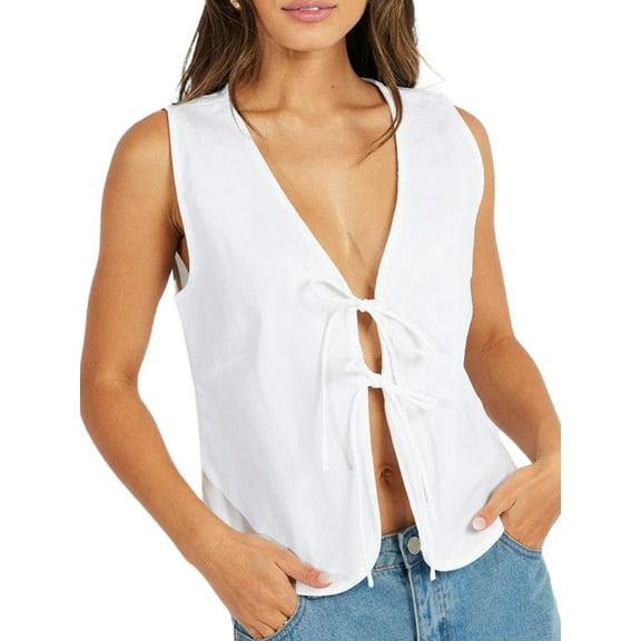 Michellecmm Women Tank Tops Sleeveless V Neck Solid Color Bow Tie Front Vest