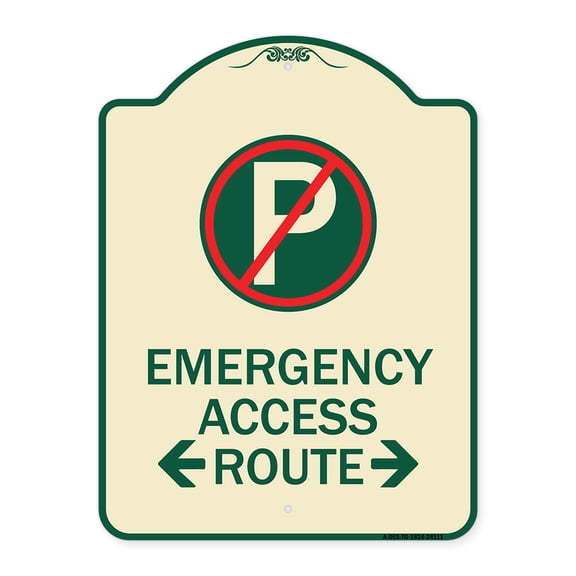 SignMission Designer Series Sign - Emergency Access Route (With Bidirectional Arrow) | Tan & Green 18" x 24" Heavy-Gauge Aluminum Architectural Sign | Made in the USA