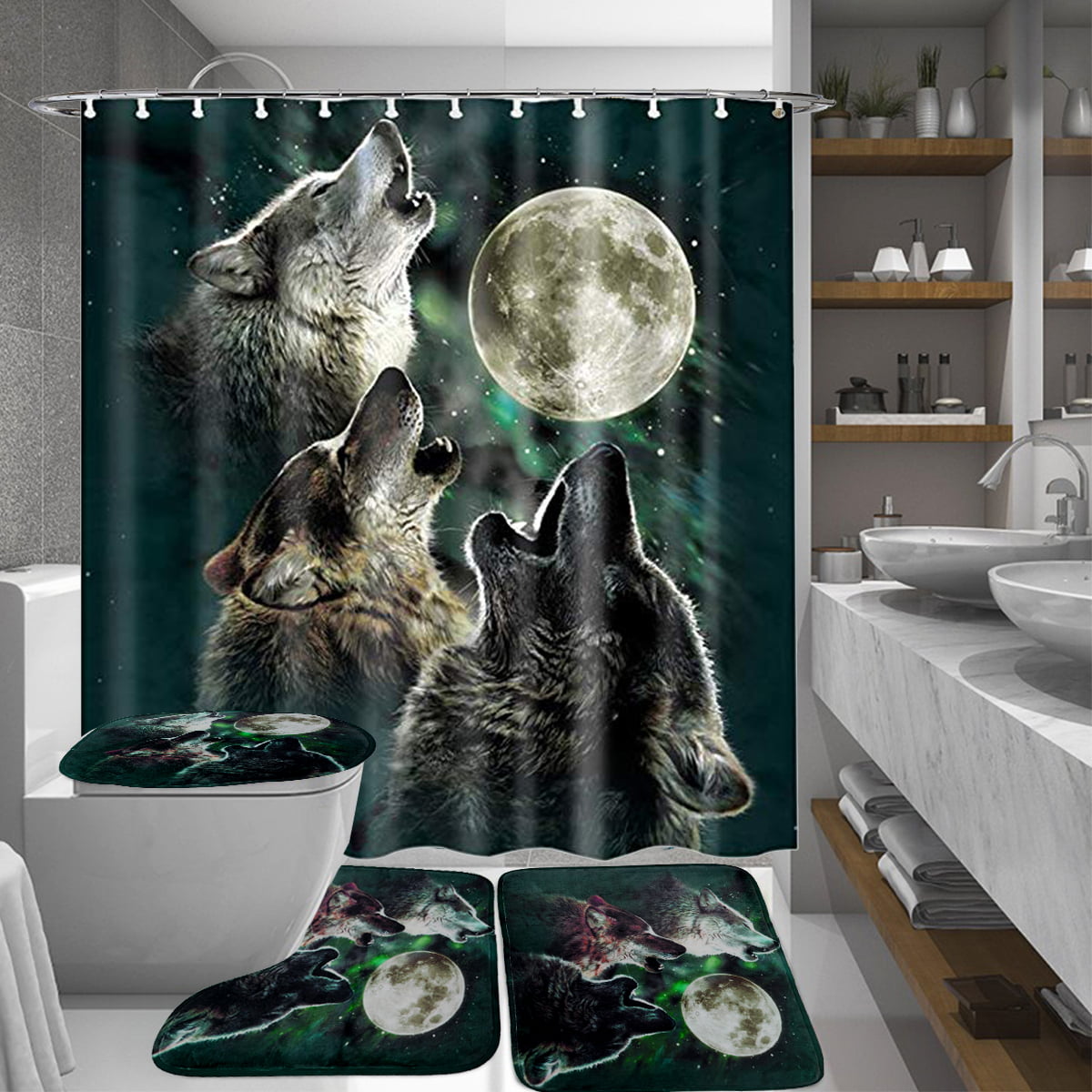 Kitchen Bath Bathroom Shower Floor Home Door Mat Rug Wolf and full moon