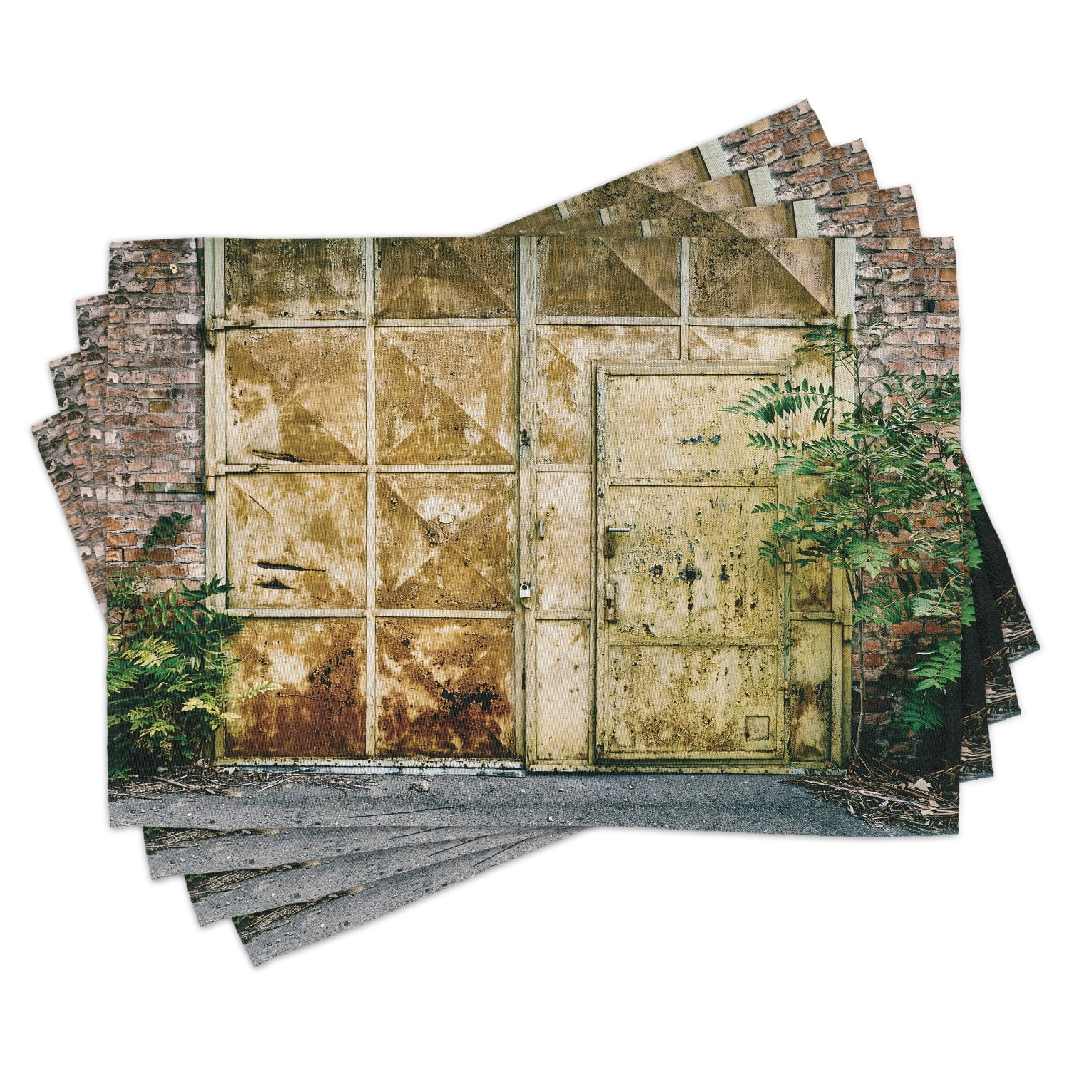 Industrial Placemats Set of 4 Rustic Brick House Still Door with Moss and Dirt Urban Garage
