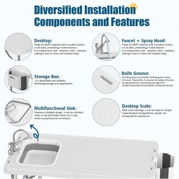 Folding Camping Table with Fish Cleaning Station, Portable Outdoor Prep Station with Basin & Drain Hose, Collapsible for Picnic BBQ Patio