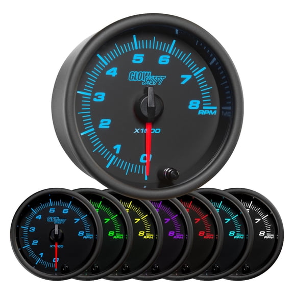 GlowShift Black 7 Color 3-3/8" 8,000 RPM In-Dash Tachometer Gauge