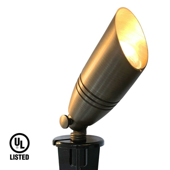 GKOplus UL Listed Solid Brass Landscape Spotlight, Low Voltage Outdoor Directional Uplight, with 5W MR16 LED Bulb & Large Rugged Slot Spike, 12V AC/DC Garden Patio Spot Up Light