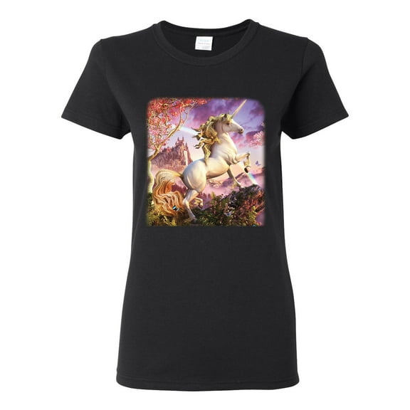 Wild Bobby, Unicorn Fanstasy Rainbow Castle Female Graphic T-Shirt, Black, Small