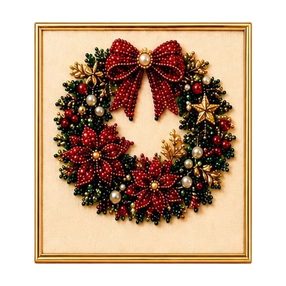 DIY Christmas Pearl Diamond Painting Art Kit, Themed Pearl Beads Art Craft with Frame, Holiday Gemstone Diamond Dots Set for Christmas Home Atmosphere (Christmas Wreath)
