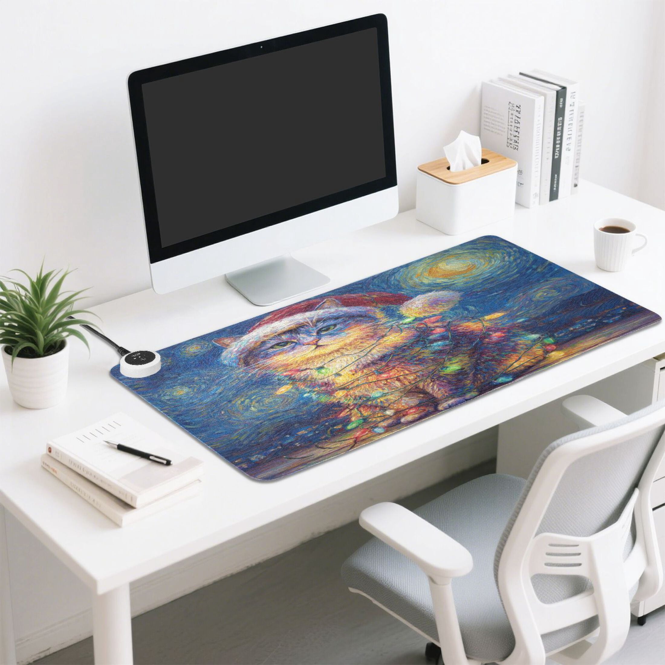 Large Heated Desk Mat Mouse Pad 31.5"x13"PU Leather Graphene Heating Desk Warmer with 3 Temperature Settings 110V US Plug Non-Slip Warm Pad for Home, Office, and Gaming A Cat with Colorful Lights