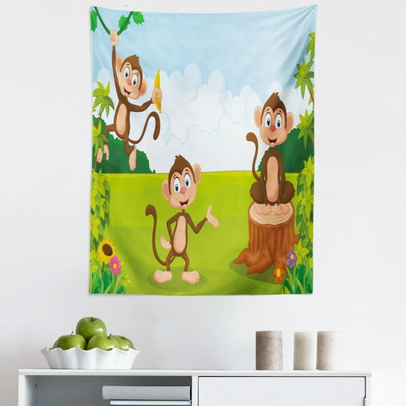 Cartoon Tapestry, 3 Monkeys Playing in a Tropical Forest Banana Africa Safari Nature, Fabric Wall Hanging Decor for Bedroom Living Room Dorm, 5 Sizes, Pale Blue Brown Green, by Ambesonne