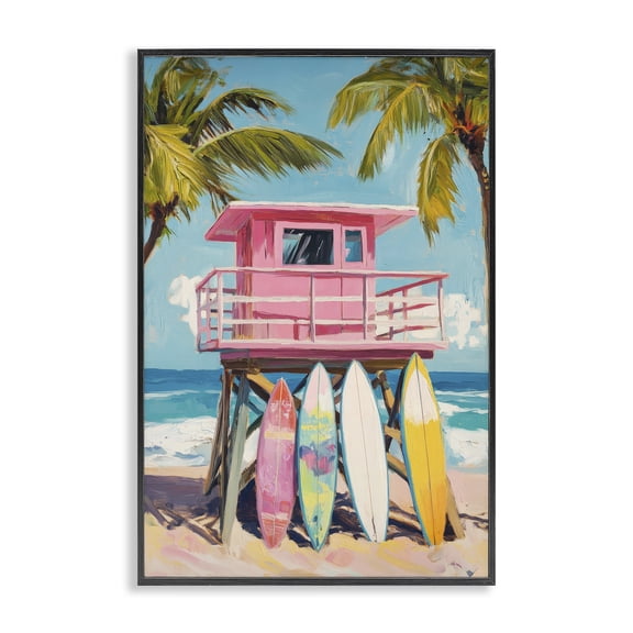 Stupell Industries Coastal High Pink Surf Shack Black Framed Giclee Art, 12 x 18, by Petals Prints Design