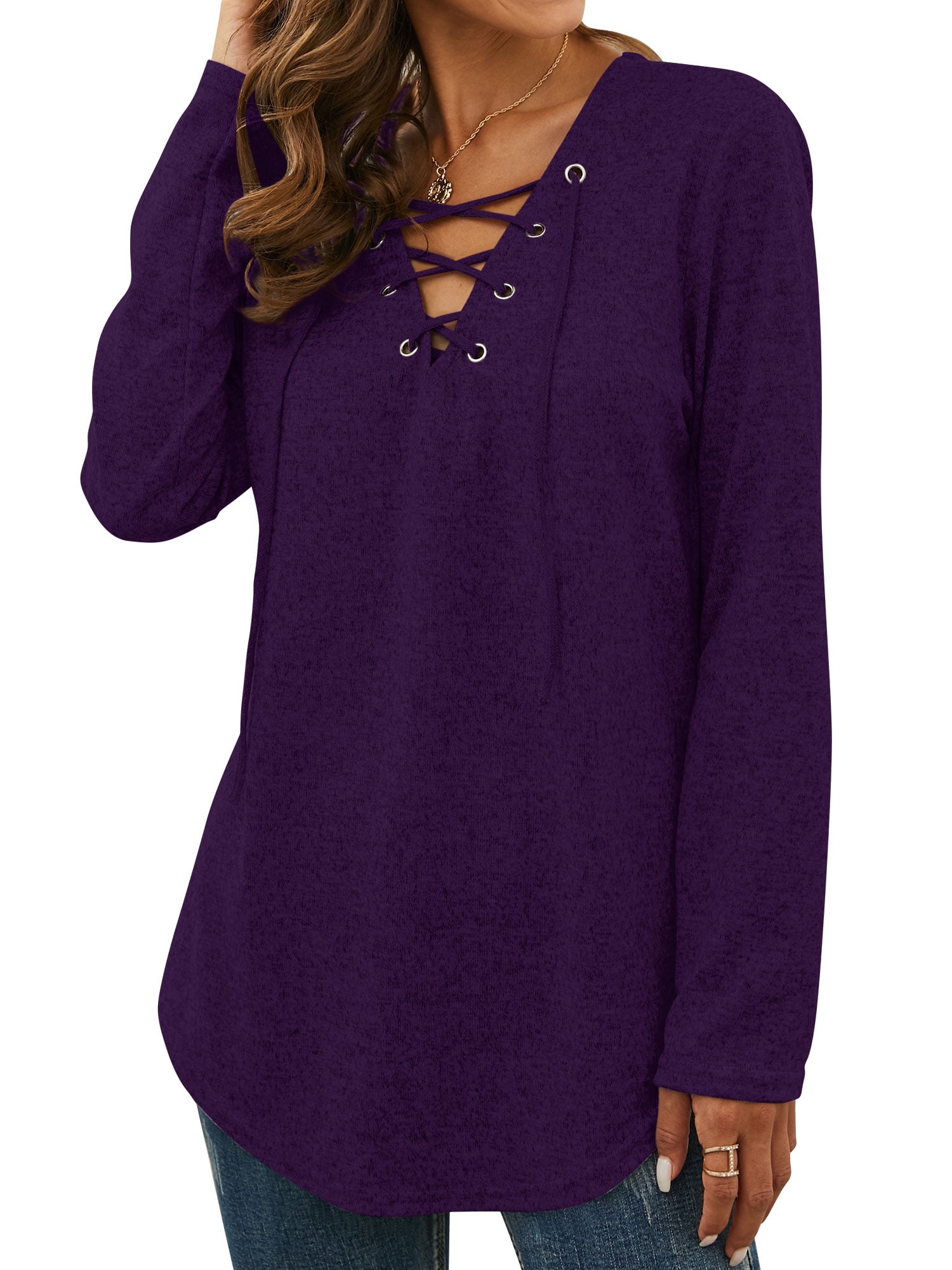 Nlife Women Long Sleeve Top Criss Cross V Neck Solid Blouse Tunic Top Basic Pullover - image 4