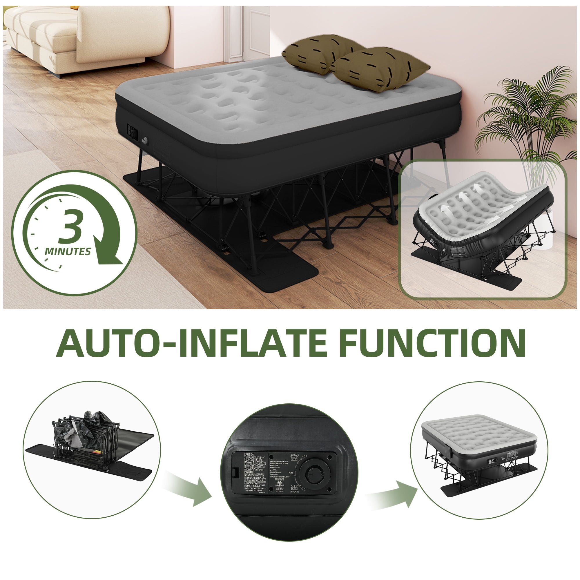 Uforic Queen Inflatable Air Bed with Folding Frame and Rolling Bag, Built-in Pump Blow Up Mattress, Portable Air Mattress for Camping, Guest Room and Travel, 79 x 59 x 28 Inches, Black