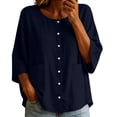 thumbnail image 5 of Tbopshirt Womens Blouses Summer Tops for Women 3/4-length Sleeve Color and Linen Button Fashion Top,Navy, 5 of 7