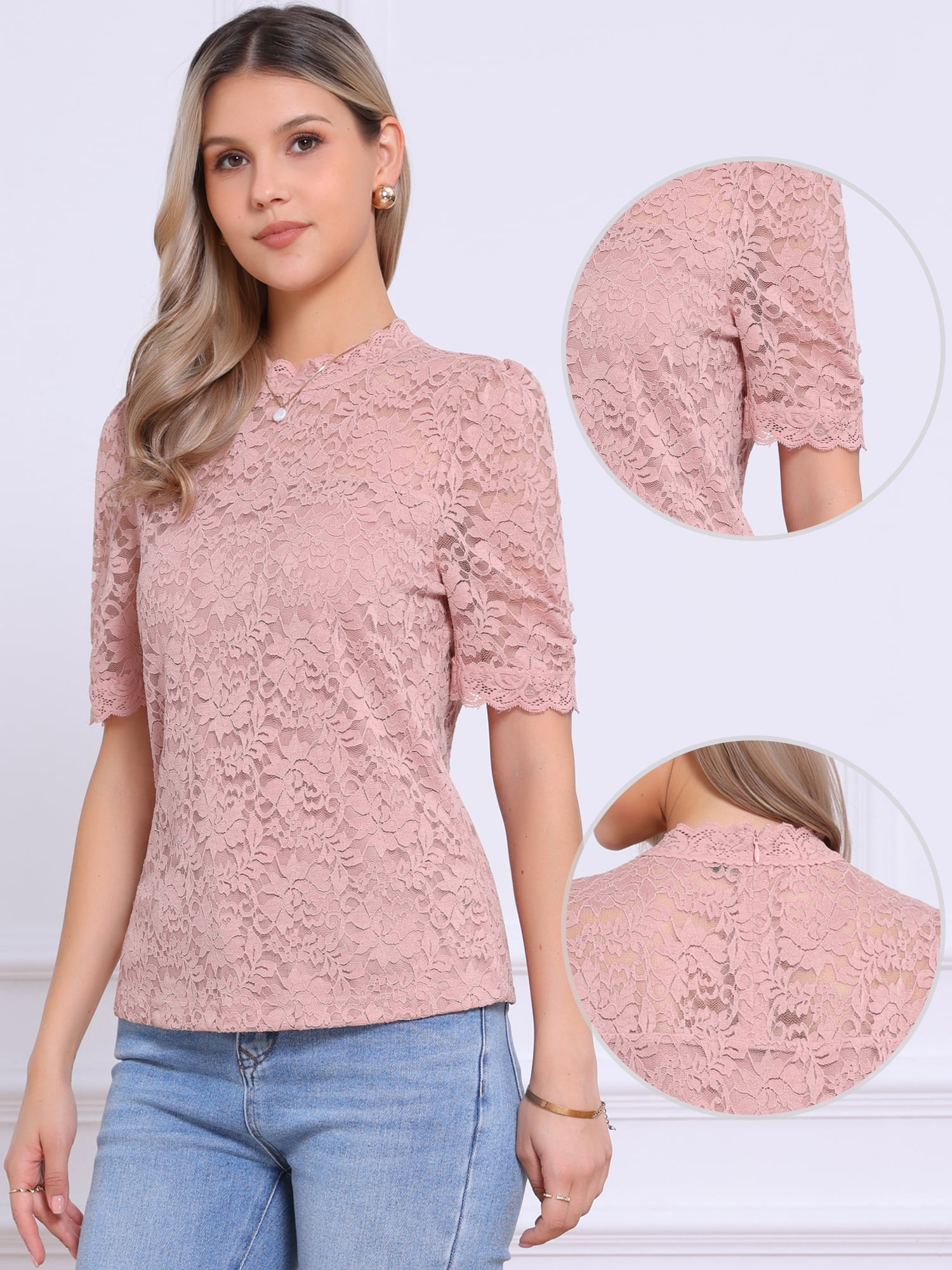 DARING DIVA Women's Lace Tops Mock Neck Puff Short Sleeve Floral Blouses S Pink