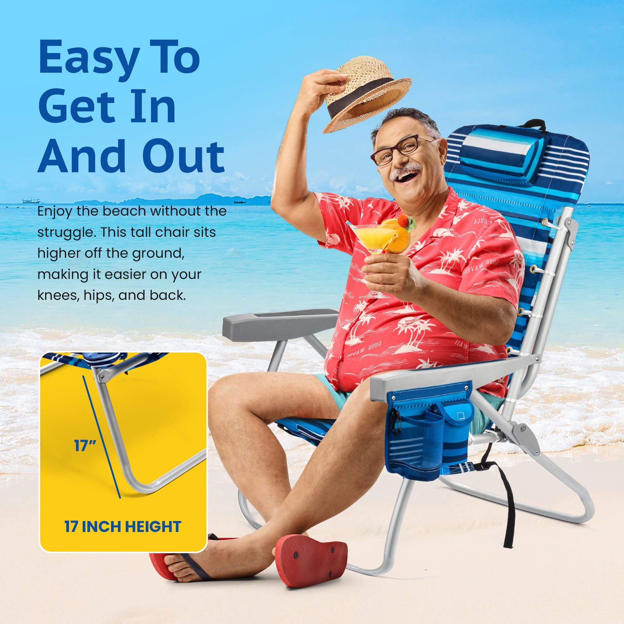 (Tall Chair)  Homevative Folding Backpack High Beach Chair, Towel bar, High Tide