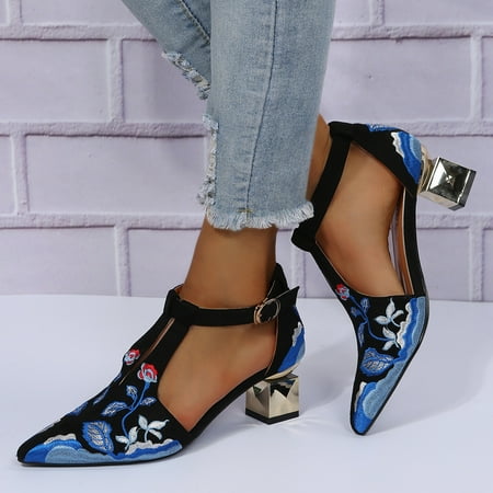 

Women Elegant Heel with Floral Embroidery Pumps Shoes T T-Strap Pointed Closed Toe Dress Sandal Shoe Chunky Block Heels