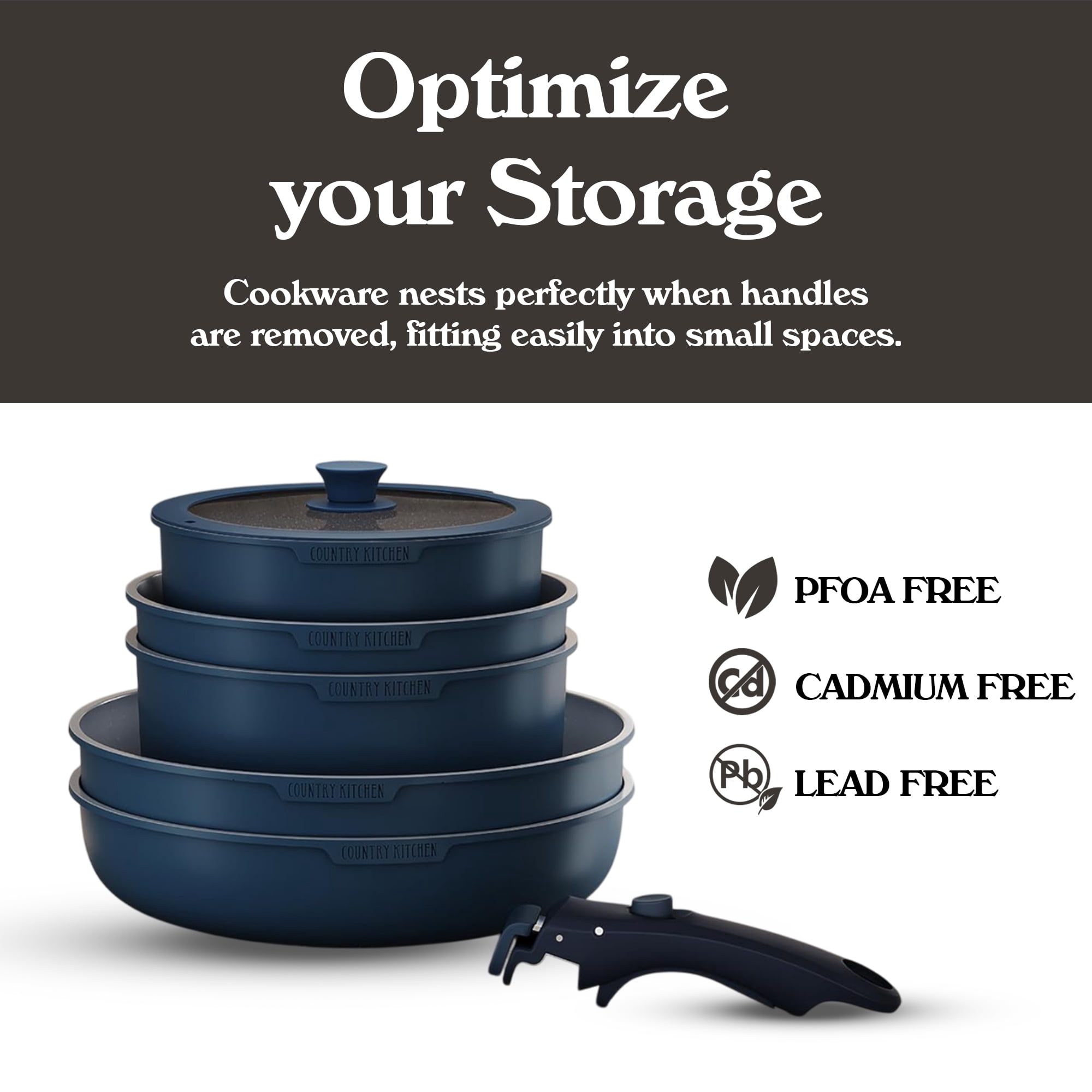 Country Kitchen Pots and Pans Cookware Set, 16-Piece, Ceramic Coated, Removable Handle, Denim
