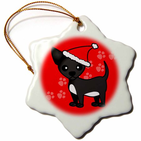 Chihuahua Santa - 3dRose Cute Black Chihuahua Red with Santa Hat, Snowflake Ornament, Porcelain, 3-inch
