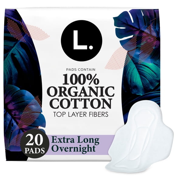 L. Ultra Thin Pads for Women, Organic Cotton Top Layer, Extra Long Overnight Absorbency, Menstrual Pads with Wings, 20 CT
