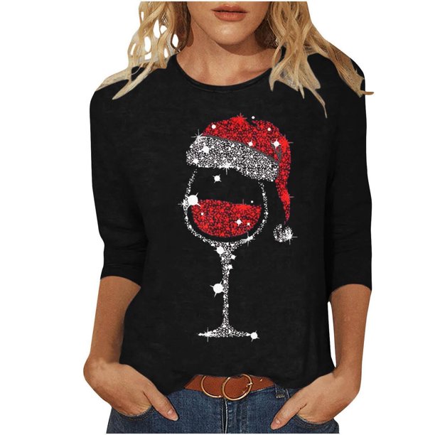 Puntoco Camiseta de mujer con cuello redondo, manga 3/4 y estampado navideño, jersey de cuello redondo, camiseta de manga larga con cuello redondo