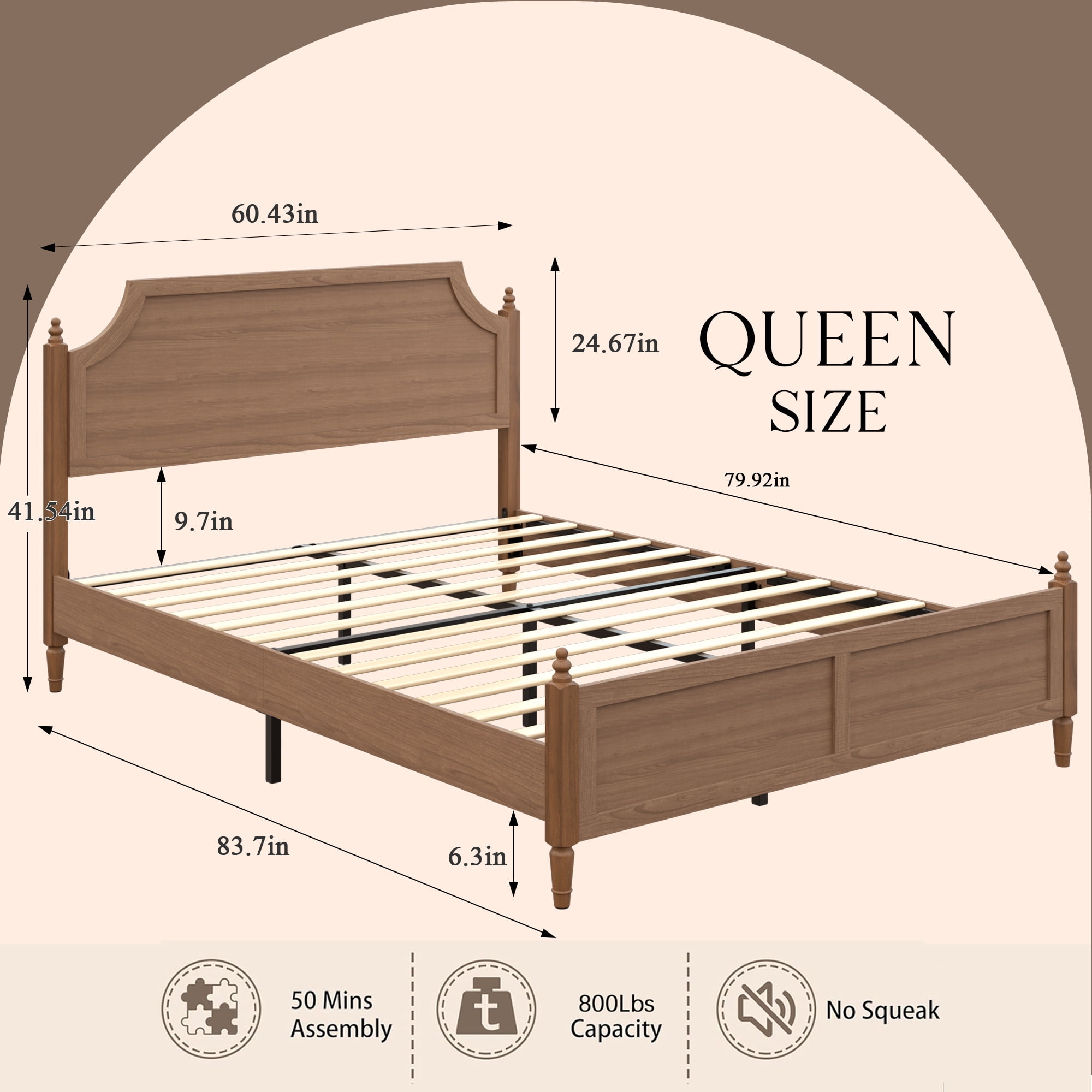 Mintazer Queen Size Farmhouse Curved Platform Bed Frame with Headboard & Footboard for Guest Master Bedroom, No Box Spring Needed, Walnut Brown