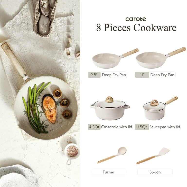 Carote Nonstick Pots and Pans Set,8 Pcs Granite Stone Kitchen Cookware Sets  (Beige) 
