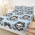 thumbnail image 4 of Manfei Gothic Skull Rose Bed Sheets 4-Piece, Halloween Spooky Flying Bat Full Size Sheets, Light Blue Black,1 Fitted Sheet, 1 Flat Sheet and 2 Pillowcases, 4 of 5