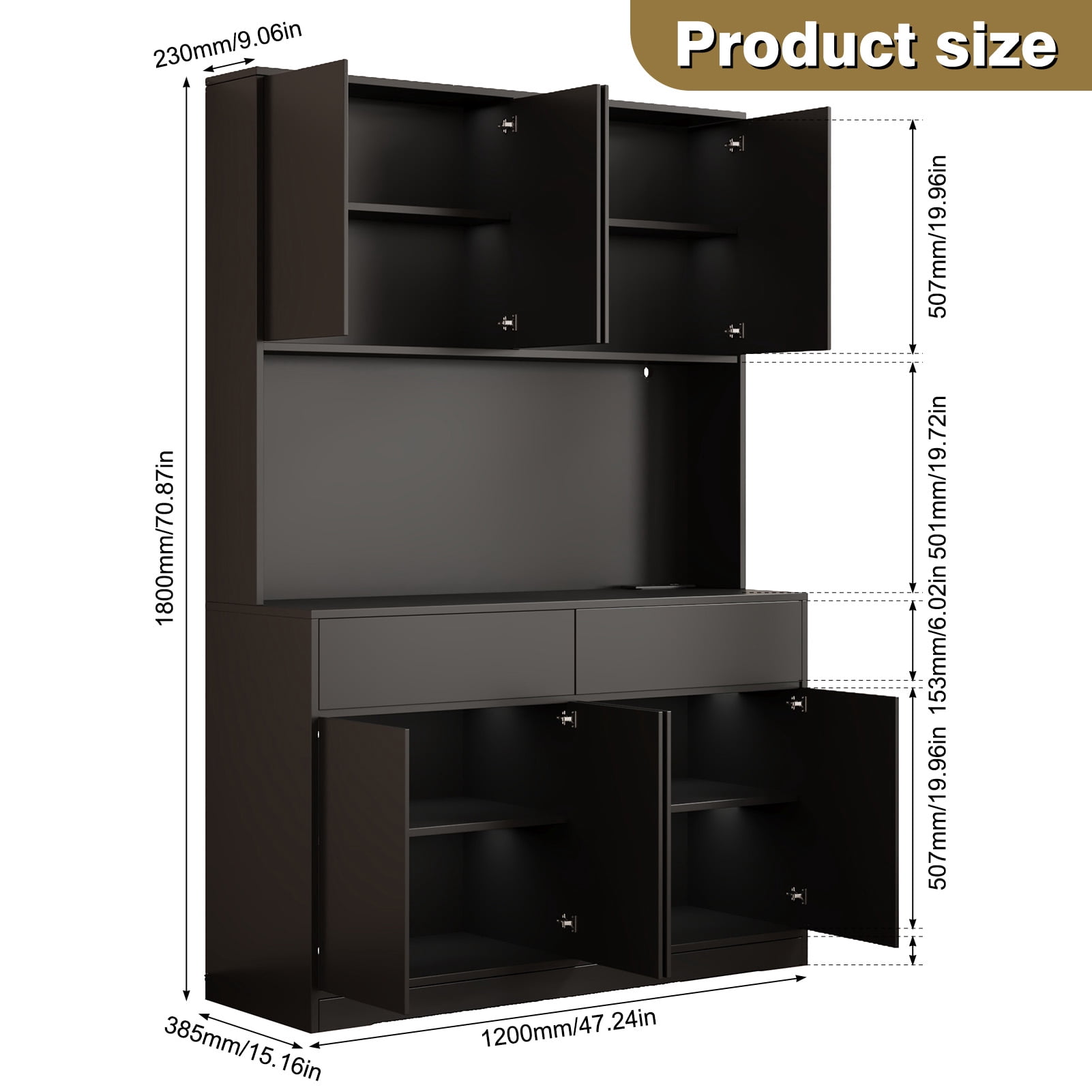71'' Tall Coffee Bar Cabinet with LED Light & Power Charging Station, 47"W Modern Kitchen Pantry Hutch w/ 8-Door Storage Cabinet & 2 Drawers 4 Adjustable Shelves