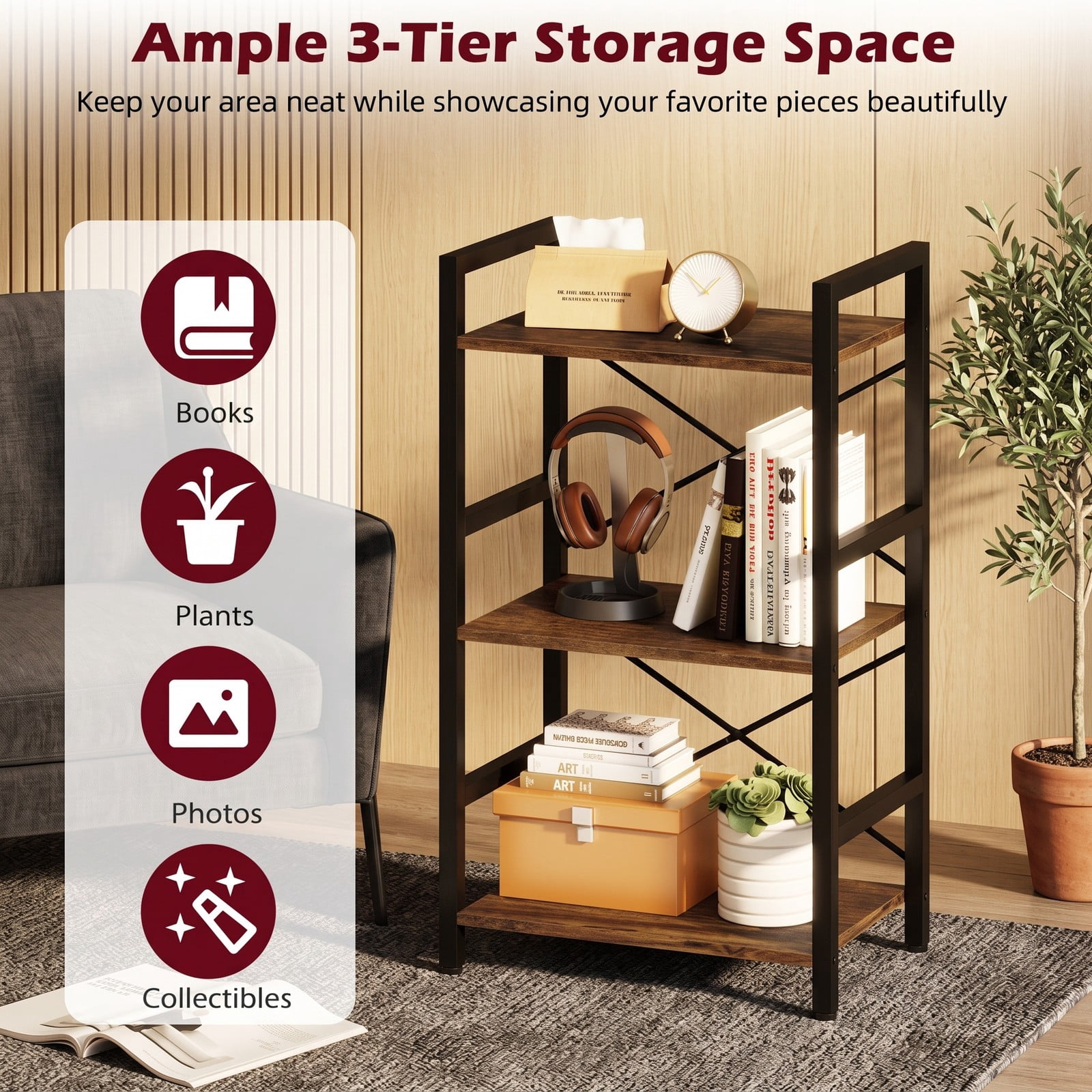 Furnibear 4-Tier Bookshelf with Sturdy Metal Frame, Freestanding Wood Storage Rack Display Shelf Organizer with Anti-Tip Kit for Study Home Office Living, Rustic Brown