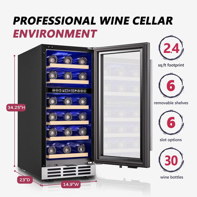 Simzlife 15" Wine Cooler, 30 Bottles Dual Zone Wine Chiller with Digital Temperature Control, Low Noise, Double-Layer Glass Door.
