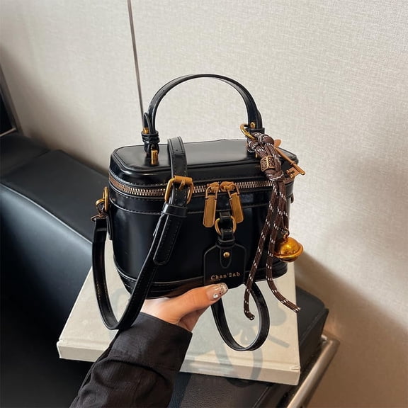 Sunyuer Women Retro PU Leather Bucket Bag Zipper Closure Small Crossbody Handbags with Pendant Shoulder Tote Handbag Casual Shopper