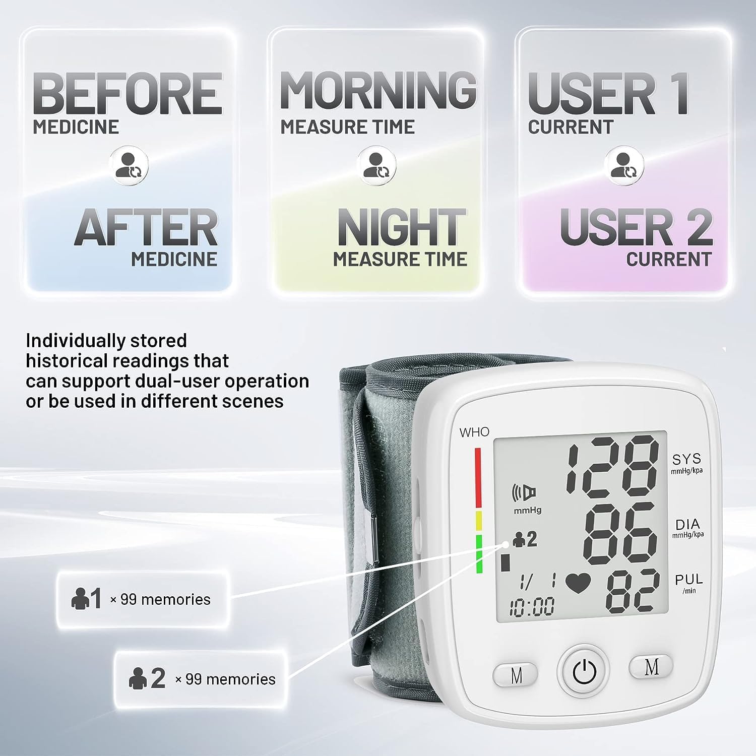 Wrist Blood Pressure Monitor Digital BP Monitor Rechargeable BP Machine with 2x99 Readings Memory Large LCD Display Voice Broadcast