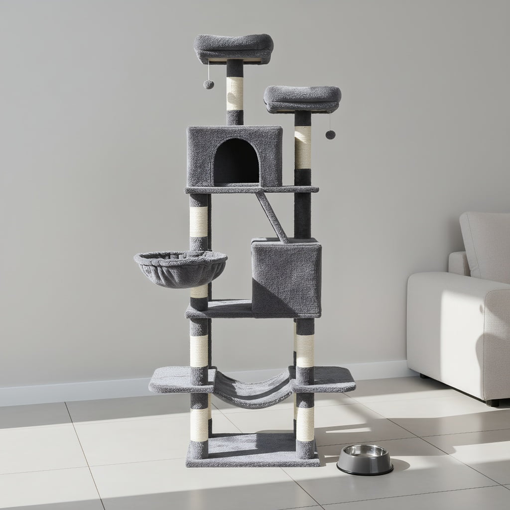 Pefilos 70.8" Tall Cat Tree for Adult Indoor Cats, 8-Levels Large Cat Tower with 8 Sisal Posts, 2 Hammocks, 2 Condos, Big Perch & 3 Pom Poms, Beige